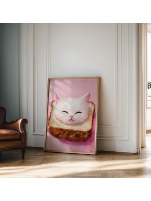 Ninastore Pembe Tost Kedi Duvar Baskısı Beyaz Kedi Duvar Sanatı Kedi Sever Hediye Hayvan Duvar Dekoru Komik Ke