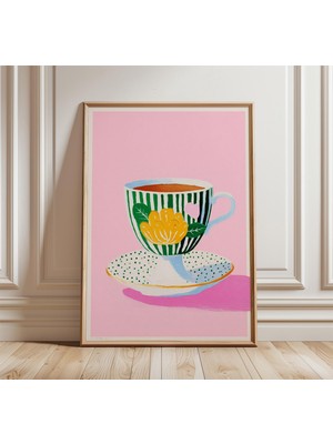 Ninastore Renkli Çay Fincanı Duvar Sanatı Pembe Mutfak Posteri, Sarı Çiçekli Fincan ve Yeşil Çizgiler, Ev Deko