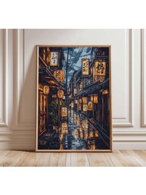 Ninastore Japon Yağmurlu Sokak Posteri Kyoto Gece Duvar Sanatı Baskısı Fener Yansımaları Japonya Seyahat Sanat