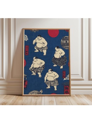 Ninastore Sumo Güreşçileri Japon Sanat Baskısı Çivit Mavisi Tekstil Poster Geleneksel Ukiyo-E Tarzı Duvar Sana