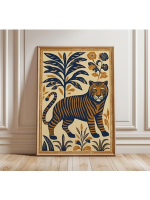 Ninastore Cesur Kaplan Duvar Sanatı Baskısı Modern Orman Posteri Vintage Halk Sanatı Tarzı Hayvan Illüstrasyon