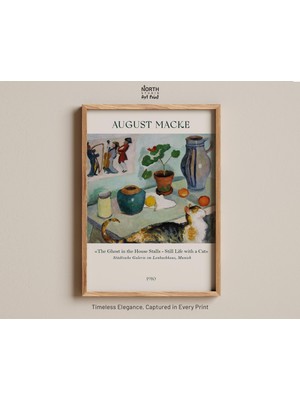 Ninastore Kedili Natürmort Baskısı, August Macke'nin Renkli Tablosu, Rahat Alman Dışavurumcu Natürmortu, Kedi