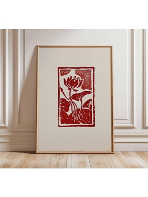Ninastore Kırmızı Linol Baskı Çiçek Duvar Sanatı Tablosu, Botanik Blok Baskı Poster, Minimalist Çiçek Sanatı,