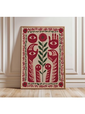Ninastore Sürrealist Halk Sanatı Baskısı Kırmızı ve Yeşil Gözlü El Eseri Mistik Botanik Poster Bohem Duvar Dek