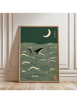 Ninastore Japon Ahşap Baskı Linolyum Tarzında Yeşil Krem ​​illüstrasyonlu Orka Balinası Baskısı.