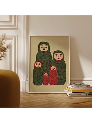 Ninastore Matruşka Sanat Baskısı Halk Bebeği Illüstrasyonu Iskandinav Tarzı Duvar Dekoru Çiçekli Linol Baskı P