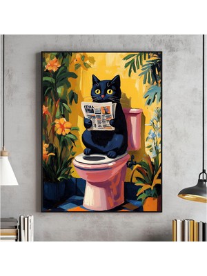 Ninastore Tuvalette Siyah Kedi Duvar Sanatı, Tuvaletini Yapan Kedi, Tropikal Pembe Dopamin Dekoru, Komik Banyo