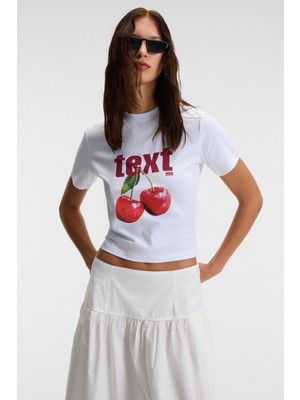 Ethiquet Elvera Kadın %100 Pamuk Comfort Fit Baskılı Kısa Kollu Yuvarlak Yaka Beyaz / Desenli T-Shirt