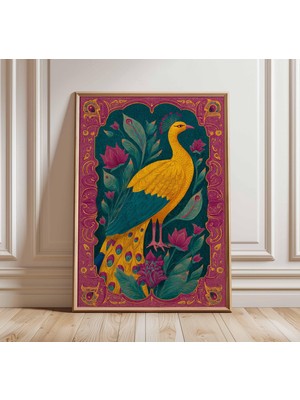 Ninastore Altın Tavus Kuşu Posteri Hint Halk Sanatı Baskısı Canlı Çiçekli Duvar Sanatı Bohem Botanik Dekor Süs