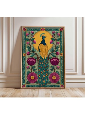 Ninastore Altın Tavus Kuşu Posteri Hint Halk Sanatı Baskısı Canlı Çiçekli Duvar Sanatı Bohem Botanik Dekor Süs