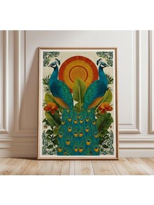 Ninastore Tavus Kuşu Çifti Duvar Sanatı Egzotik Botanik Baskı Hint Halk Tarzı Poster Canlı Tavus Kuşu Tablosu
