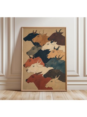 Ninastore Kırsal Hint Ineği Sanat Baskısı, Vintage Kırsal Tablo, Halk Hayvanı Duvar Sanatı, Toprak Tonlarında