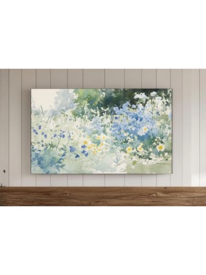 Ninastore Mavi Yabani Çiçekler Çerçeveli Tv Duvar Sanatı Ilkbahar Vintage Suluboya Tablo Samsung Resim Botanik