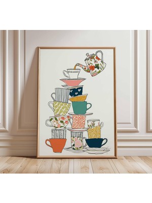 Ninastore Çay Fincanları Duvar Sanatı Baskısı Renkli Mutfak Posteri Üst Üste Dizilmiş Kupa Illüstrasyonu Neşel