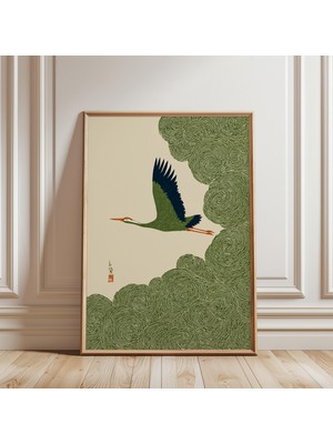 Ninastore Bulutlu Gökyüzünde Japon Turnası, Ahşap Baskı Tarzı Poster