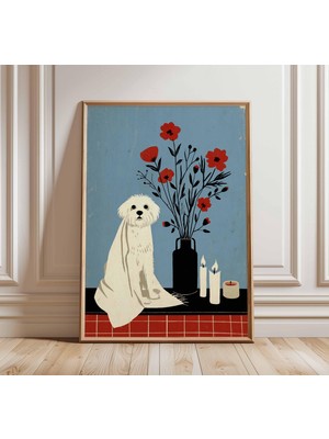 Ninastore Çiçekler ve Mumlarla Süslenmiş Köpek Temalı Duvar Sanatı Baskısı, Modern Evcil Hayvan Sever Posteri,
