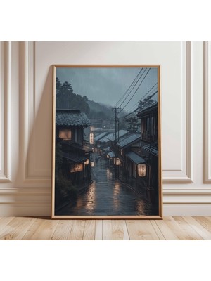 Ninastore Japon Yağmurlu Sokak Posteri Kyoto Gece Duvar Sanatı Baskısı Fener Yansımaları Japonya Seyahat Sanat