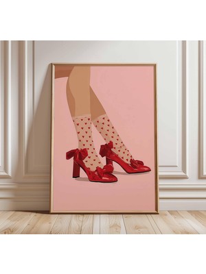 Ninastore Kırmızı Ayakkabı Duvar Sanatı Retro Moda Illüstrasyon Posteri Kalp Çorap Baskısı Modern Pop Art Kız