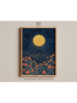 Ninastore Ay ve Güller Baskısı Altın Rengi Göksel Çiçek Baskısı Gece Gökyüzü ve Gül Bahçesi Vintage Illüstrasy