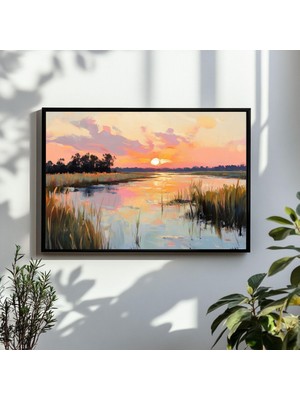 Ninastore Gün Batımı Bataklık Manzarası Tablosu | Carolina Yeşili Kıyı Şeridi Suluboya Duvar Sanatı Baskısı |