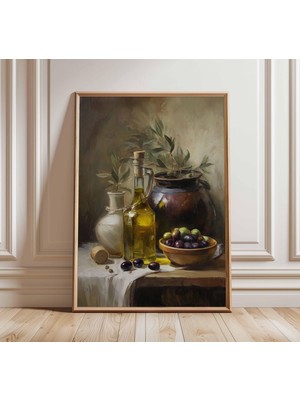 Ninastore Akdeniz Natürmort Sanat Baskısı | Zeytinyağı ve Kavanoz Tablosu Tarzı Poster | Rustik Mutfak Duvar S
