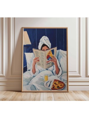 Ninastore Yatakta Kitap Okuyan Kadın Duvar Sanatı Baskısı | Modern Figüratif Poster | Rahat Yaşam Tarzı Tablos