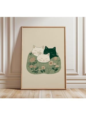 Ninastore Minimalist Kedi Sanatı Baskısı Yeşil Çiçekli Kedi Illüstrasyonu Modern Neşeli Hayvan Posteri Rahat I