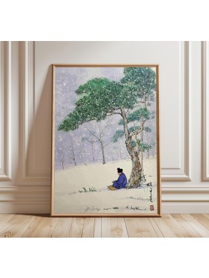 Ninastore Japon Kış Manzarası Baskısı Kar Manzarası Duvar Sanatı Ağaç Altında Bilgin Tablosu Sakin Mürekkep Yı