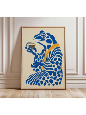 Ninastore Kurbağa Çay Seremonisi Posteri Japon Sanat Baskısı Mavi ve Sarı Duvar Sanatı Neşeli Hayvan Illüstras