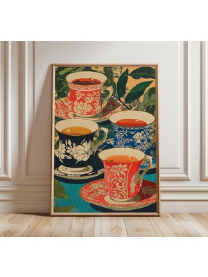 Ninastore Vintage Çay Fincanı Posteri Zarif Natürmort Sanat Baskısı Klasik Botanik Duvar Sanatı Geleneksel Ser
