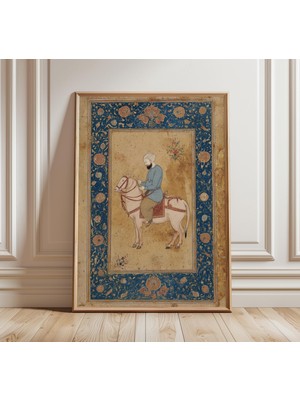 Ninastore Mughal Minyatür Atlı Sanat Baskısı, Antik Hint Resim Posteri, Mavi Süslemeli Çerçeve, Duvar Sanatı