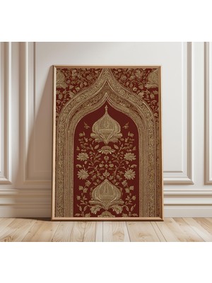 Ninastore Hint Brokar Desenli Sanat Baskısı, Babür Kemeri Duvar Sanatı, Altın Çiçekli Tekstil Tasarımı, Oryant