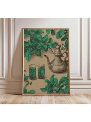 Ninastore Fas Çayı Posteri, Vintage Botanik Duvar Sanatı Baskısı, Nane Yaprağı Illüstrasyonu, Rustik Mutfak ve