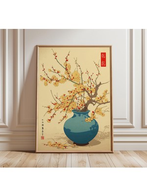 Ninastore Japon Erik Çiçeği Sanat Baskısı Mavi Vazo Çiçek Tablosu Oryantal Duvar Sanatı Minimalist Asya Botani