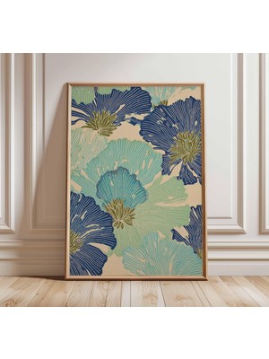 Ninastore Mavi Çiçekli Duvar Sanatı | Modern Botanik Baskı | Soyut Çiçek Posteri | Japon Esintili Ev Dekorasyo