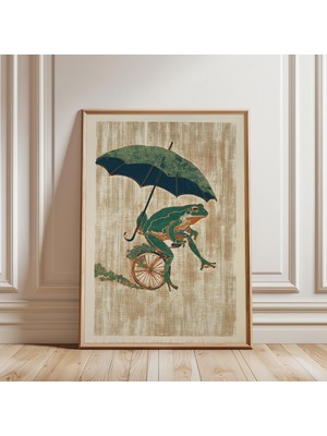 Ninastore Tek Tekerlekli Bisiklet Üzerinde Kurbağa Posteri, Vintage Yeşil Dokulu Illüstrasyon Sanatı.