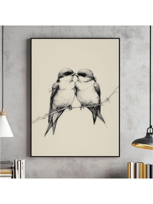 Ninastore Dalda Aşık Kuşlar Vintage Eskiz Duvar Sanatı Kuş Eskizi Çizimi Yatak Odası Posteri Çiftlik Evi Dekor
