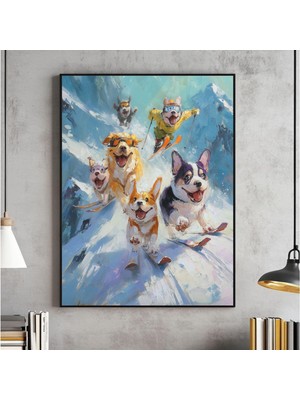 Ninastore Komik Kayak Yapan Köpekler Yağlı Boya Tablo Sanat Baskısı Kış Hayvanları Dekorasyonu (Dijital Indirm