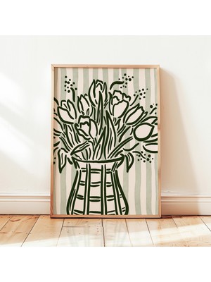 Ninastore Çiçek Vazosu Çizgili Baskı Yeşil Natürmort Çiçekli Poster Soyut Şık Duvar Sanatı El Çizimi Botanik D