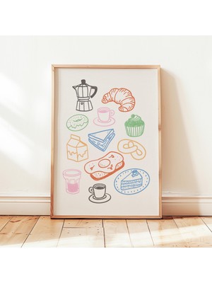 Ninastore Kahvaltı Temalı Renkli, Yazdırılabilir Minimalist Kahve Kafe Posteri, Modern Mutfak Duvar Dekoru - E