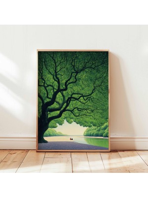 Ninastore Dev Yeşil Ağaç Posteri, Huzurlu Doğa Duvar Sanatı Baskısı, Sakin Manzara Illüstrasyonu, Yatak Odası