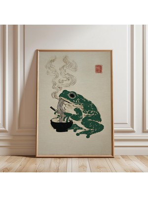 Ninastore Kurbağanın Ramen Yediği Baskı, Japon Ahşap Baskı Tarzı Illüstrasyon