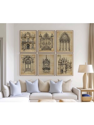 Ninastore 6 Parçalı Vintage Mimari Baskı Seti: Antik Bina Planları, Mimari Çizimler, Kale ve Saat Kulesi Duvar