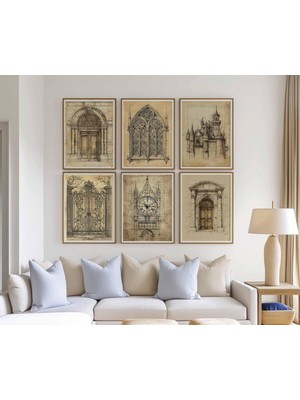 Ninastore 6 Parçalı Vintage Mimari Baskı Seti: Antik Bina Planları, Mimari Çizimler, Kale ve Saat Kulesi Duvar