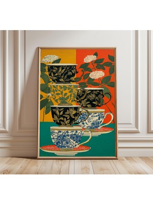 Ninastore Üst Üste Dizilmiş Vintage Çay Fincanı Posteri Zarif Natürmort Sanat Baskısı Klasik Botanik Duvar San
