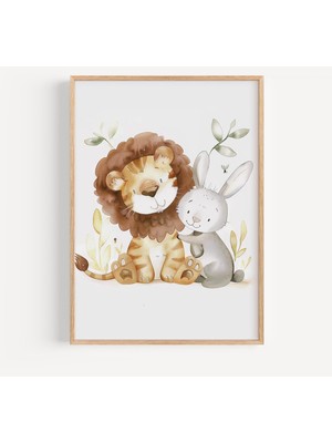 Ninastore Aslan ve Tavşan Dostluğu Baskılı Tablo: Pastel Çocuk Odası Dekorasyonu (Dijital Indirme)