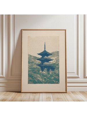 Ninastore Japon Pagoda Posteri Mavi Ahşap Baskı Tapınak Dağ Manzarası Sanatı