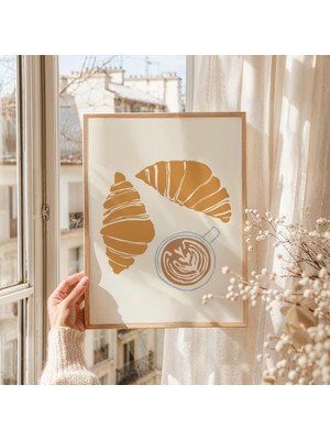 Ninastore Kahve ve Kruvasan Çizim Baskısı Sevimli Kahve Barı Dekoru Dijital Indirme Şık Mutfak Duvar Sanatı Es