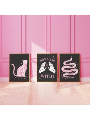 Ninastore 3'lü Boho Cadılar Bayramı Baskı Seti | Dijital Sanat Indirme | Sevimli Siyah Cadı Temalı Duvar Dekor