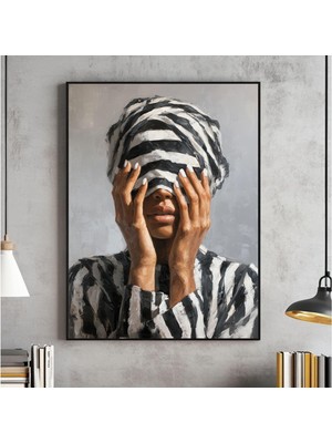Ninastore Afrocentric Soyut Dijital Duvar Sanatı Siyah Kadın Yağlı Boya Tablo Baskısı Siyah Beyaz Çizgili Deko